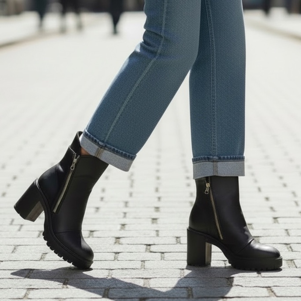 Free People Black Heeled Jack Boots with Zipper Size 39 EUC